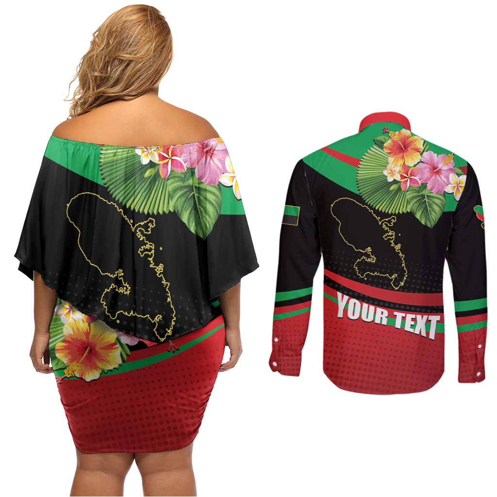 Personalized Martinique Tropical Flower Couples Matching Off Shoulder Short Dress and Long Sleeve Button Shirt Matinik Beautiful Island