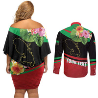 Personalized Martinique Tropical Flower Couples Matching Off Shoulder Short Dress and Long Sleeve Button Shirt Matinik Beautiful Island