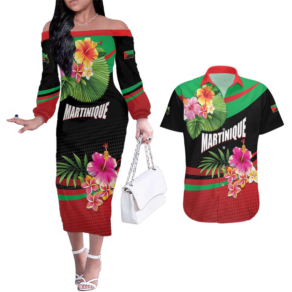 Personalized Martinique Tropical Flower Couples Matching Off The Shoulder Long Sleeve Dress and Hawaiian Shirt Matinik Beautiful Island