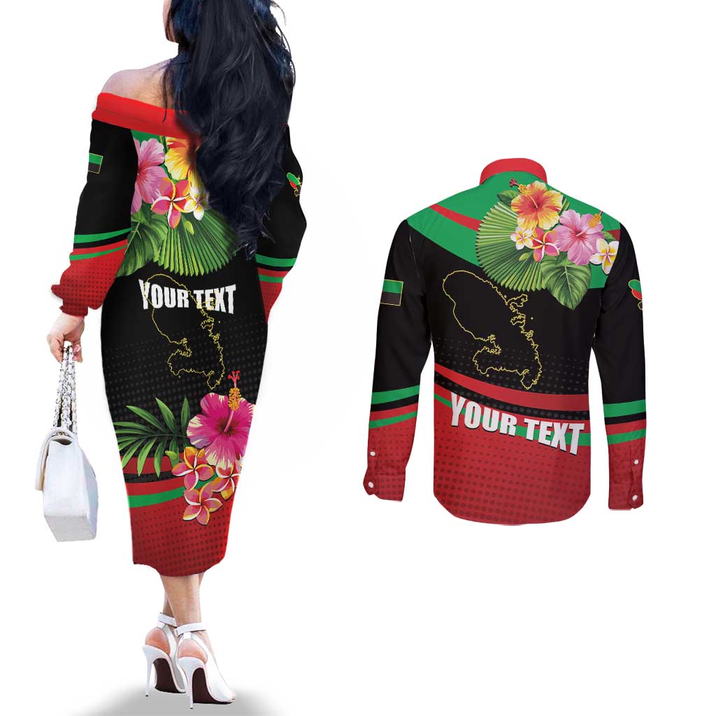Personalized Martinique Tropical Flower Couples Matching Off The Shoulder Long Sleeve Dress and Long Sleeve Button Shirt Matinik Beautiful Island
