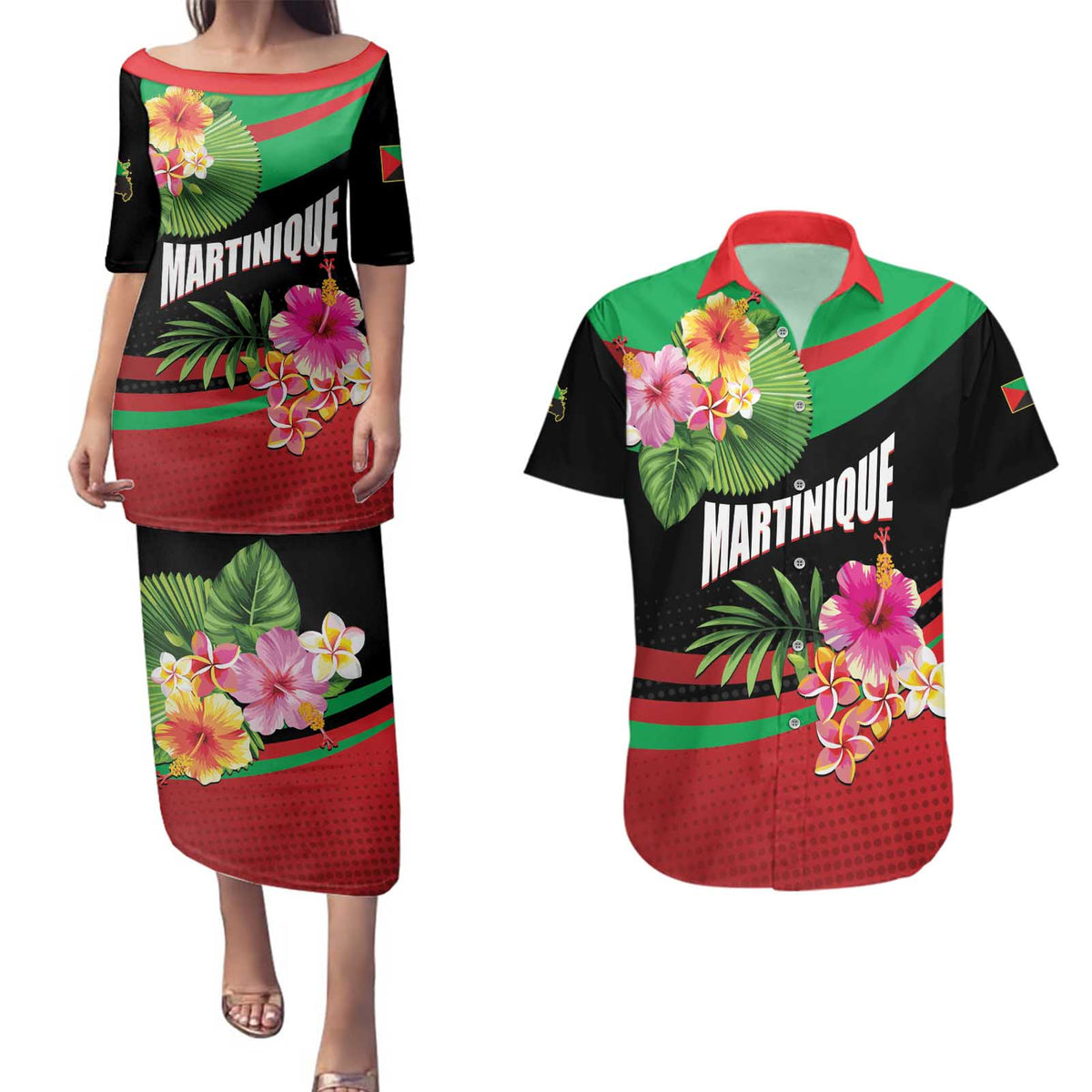 Personalized Martinique Tropical Flower Couples Matching Puletasi and Hawaiian Shirt Matinik Beautiful Island