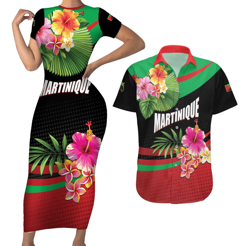 Personalized Martinique Tropical Flower Couples Matching Short Sleeve Bodycon Dress and Hawaiian Shirt Matinik Beautiful Island
