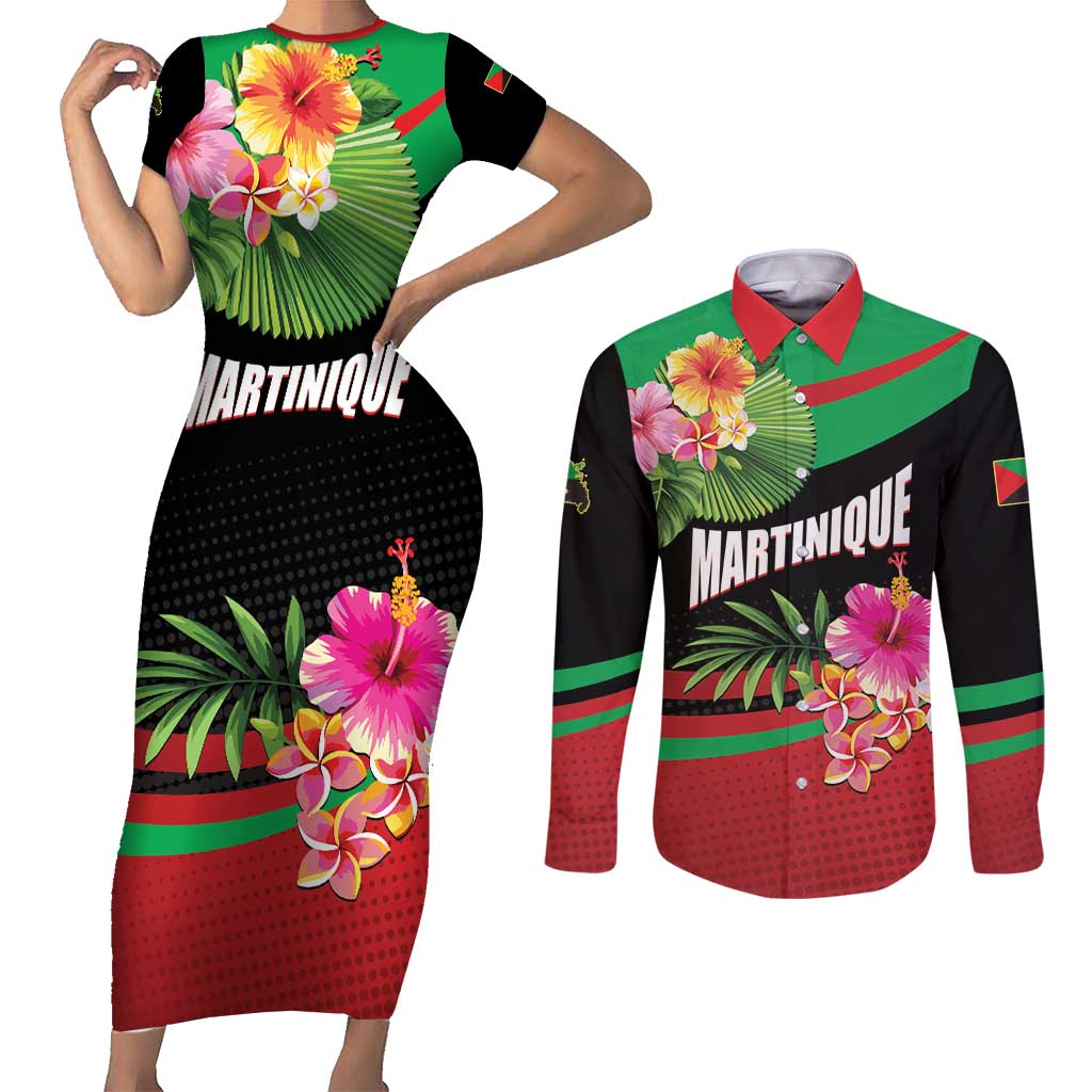 Personalized Martinique Tropical Flower Couples Matching Short Sleeve Bodycon Dress and Long Sleeve Button Shirt Matinik Beautiful Island