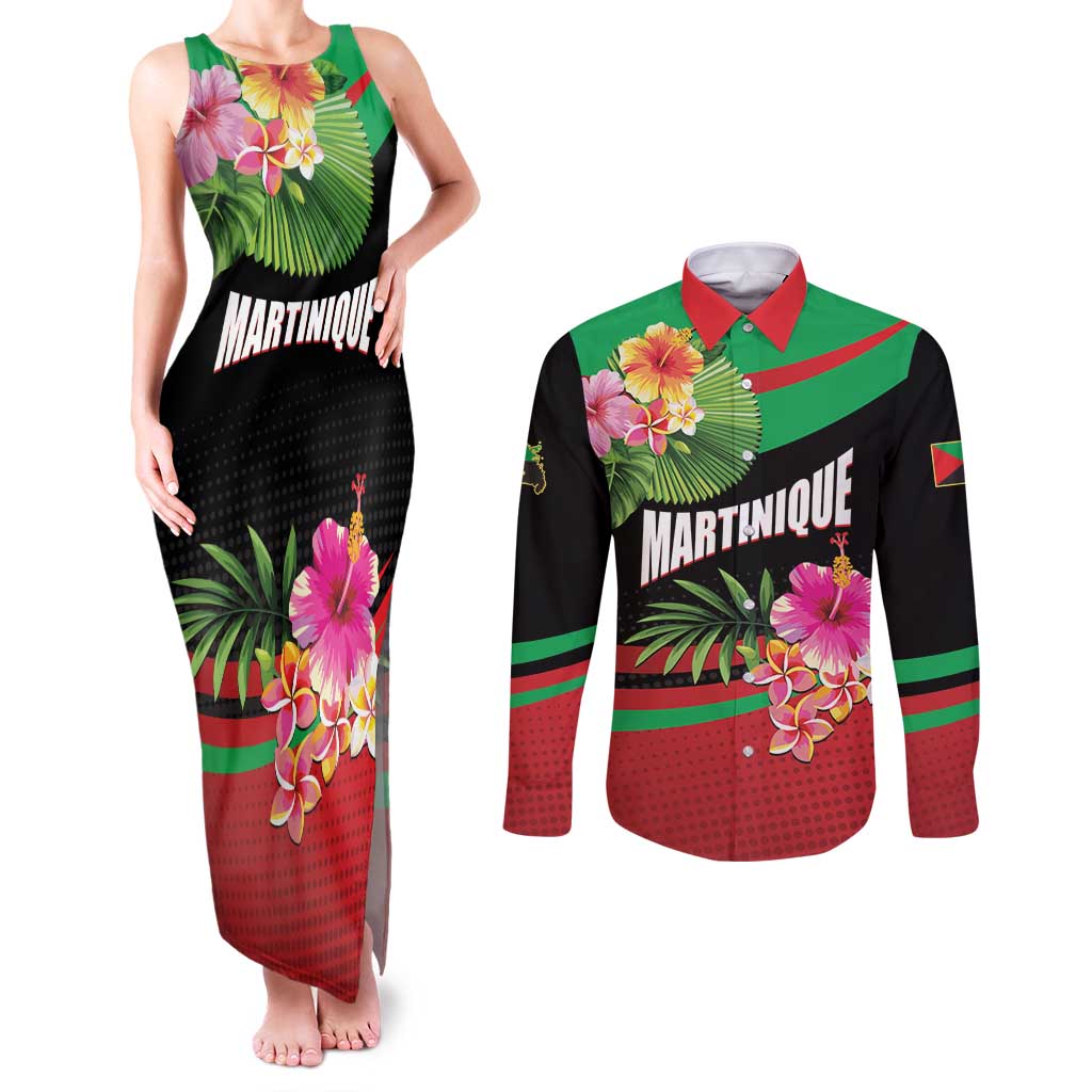 Personalized Martinique Tropical Flower Couples Matching Tank Maxi Dress and Long Sleeve Button Shirt Matinik Beautiful Island