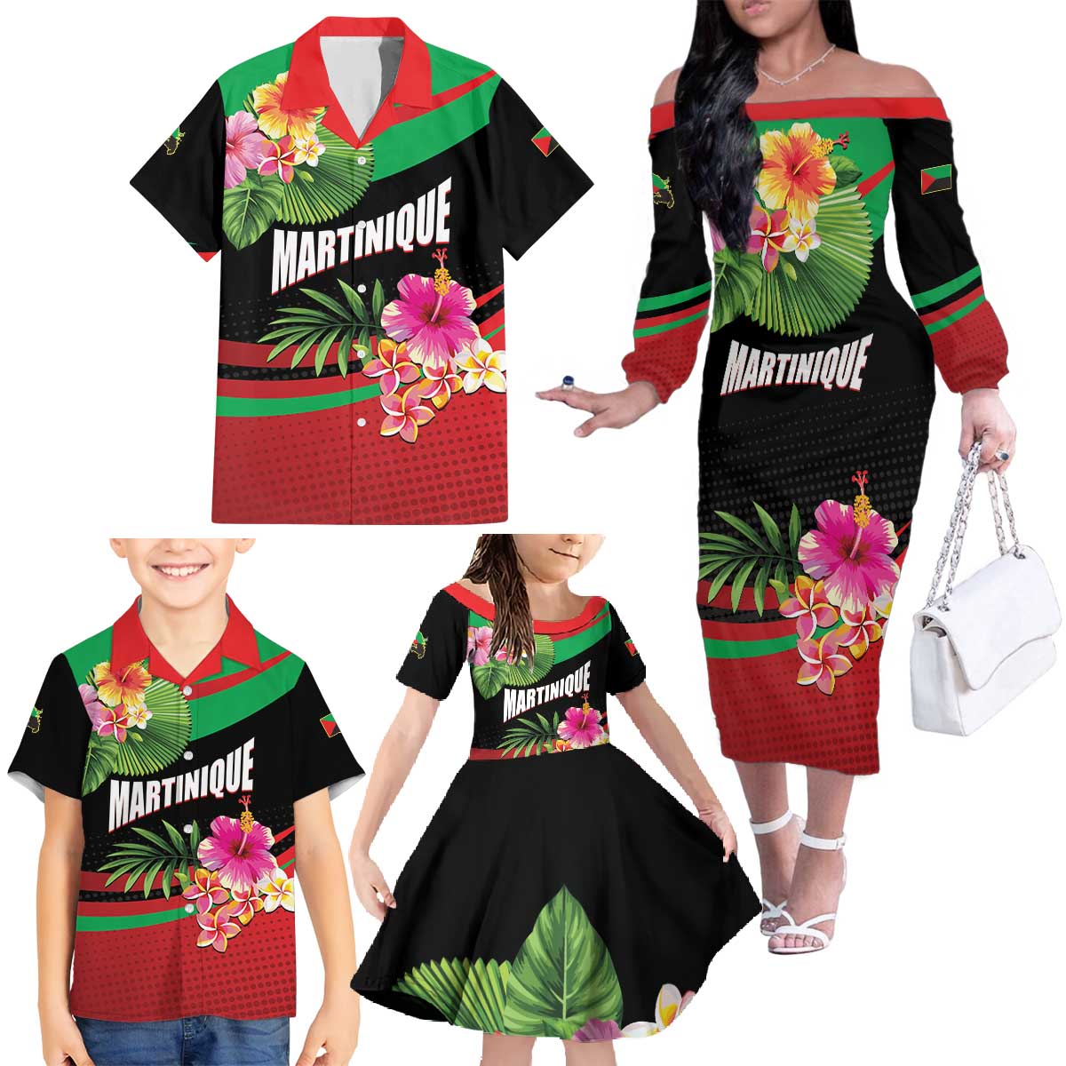 Personalized Martinique Tropical Flower Family Matching Off The Shoulder Long Sleeve Dress and Hawaiian Shirt Matinik Beautiful Island