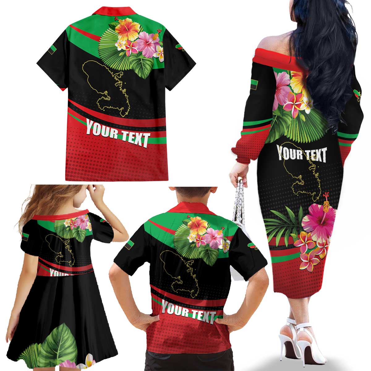 Personalized Martinique Tropical Flower Family Matching Off The Shoulder Long Sleeve Dress and Hawaiian Shirt Matinik Beautiful Island