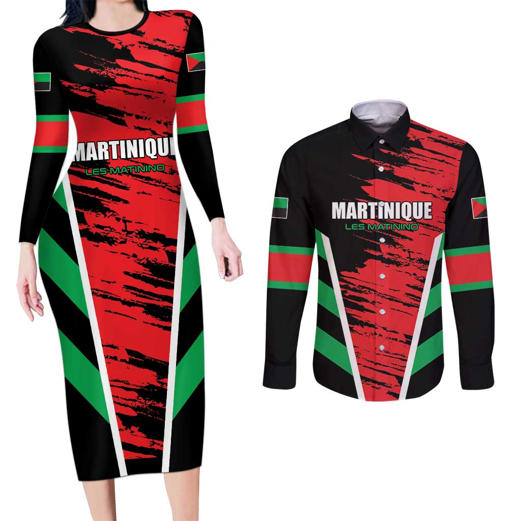 Custom Football Martinique Couples Matching Long Sleeve Bodycon Dress and Long Sleeve Button Shirt Les Matinino Go Champion