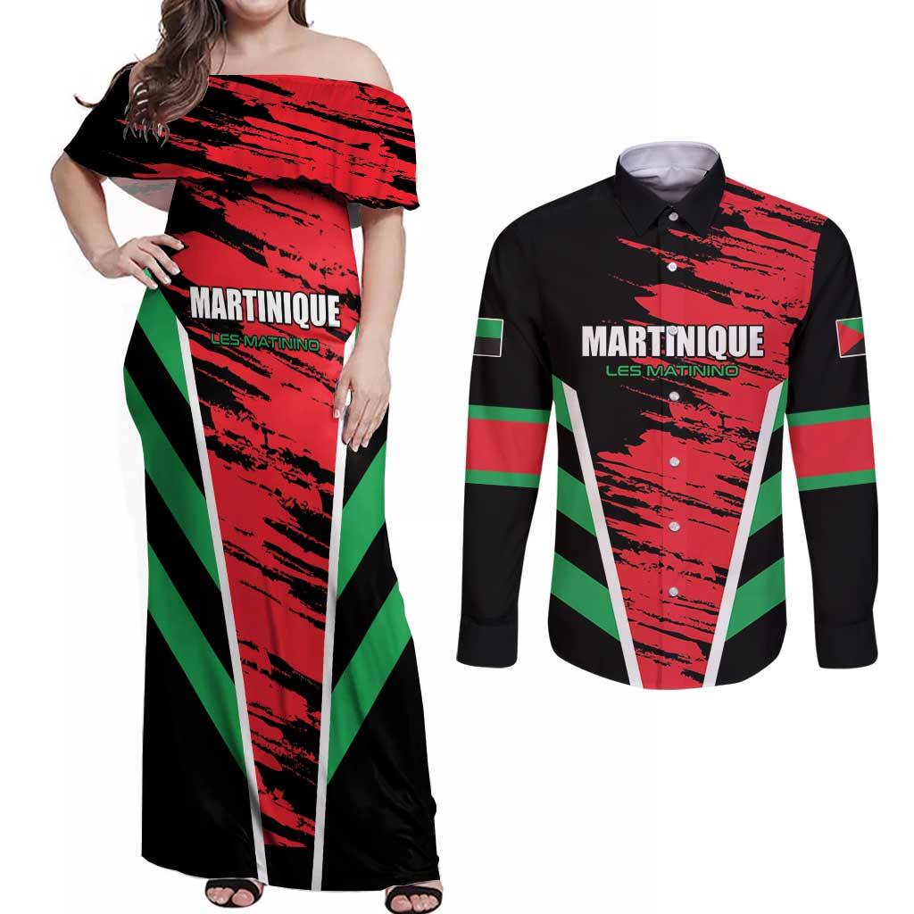 Custom Football Martinique Couples Matching Off Shoulder Maxi Dress and Long Sleeve Button Shirt Les Matinino Go Champion