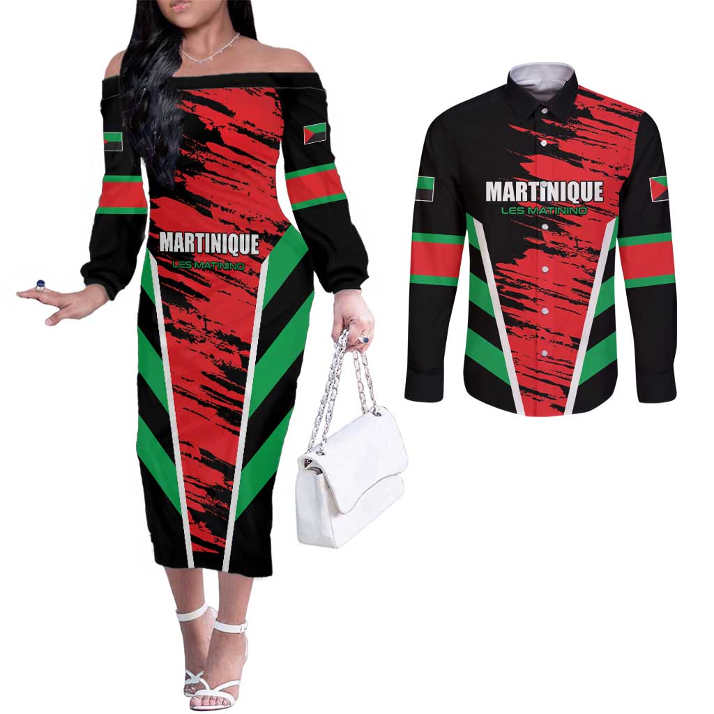 Custom Football Martinique Couples Matching Off The Shoulder Long Sleeve Dress and Long Sleeve Button Shirt Les Matinino Go Champion