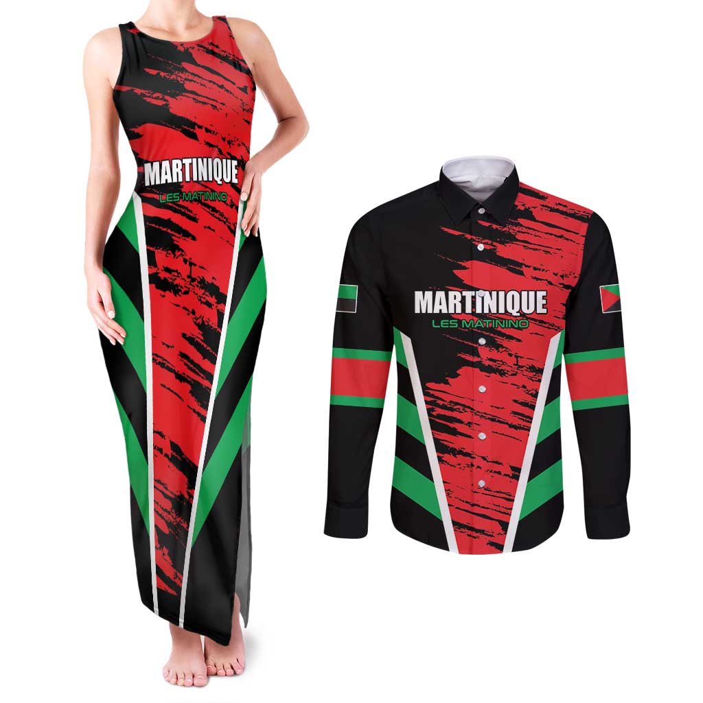 Custom Football Martinique Couples Matching Tank Maxi Dress and Long Sleeve Button Shirt Les Matinino Go Champion