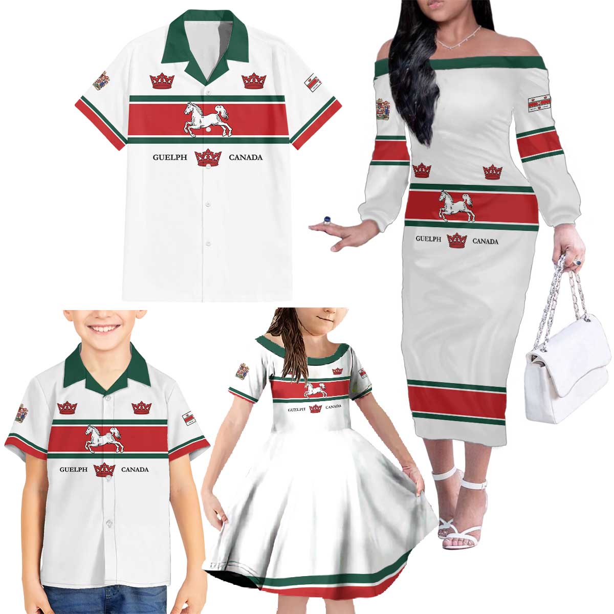 Personalised Canada Guelph Family Matching Off The Shoulder Long Sleeve Dress and Hawaiian Shirt The Royal City Simple Style