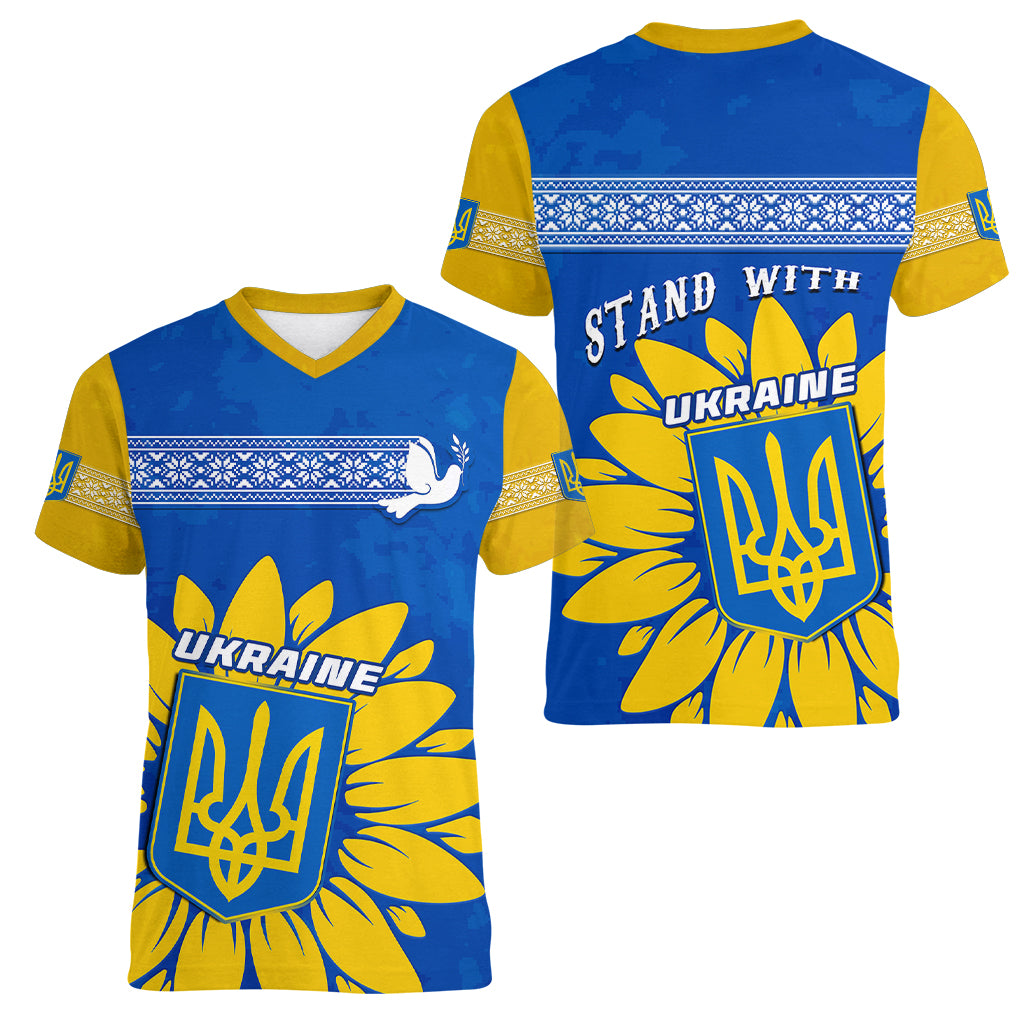 Ukraine Women V Neck T Shirt Ukrainian Coat Of Arms With Sunflower - Wonder Print Shop
