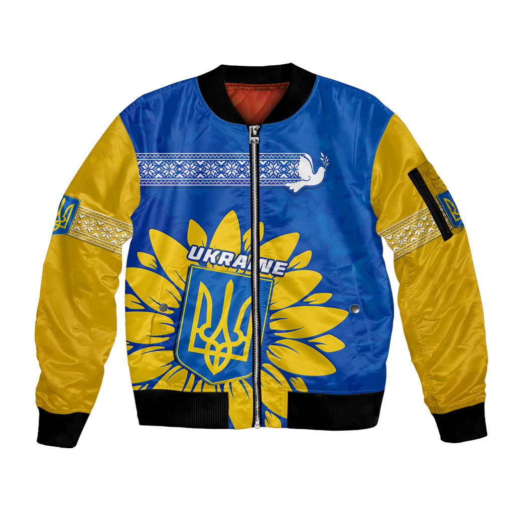 Personalised Ukraine Sleeve Zip Bomber Jacket Ukrainian Coat Of Arms With Sunflower - Wonder Print Shop