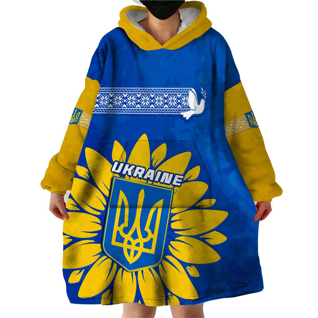 Personalised Ukraine Wearable Blanket Hoodie Ukrainian Coat Of Arms With Sunflower - Wonder Print Shop