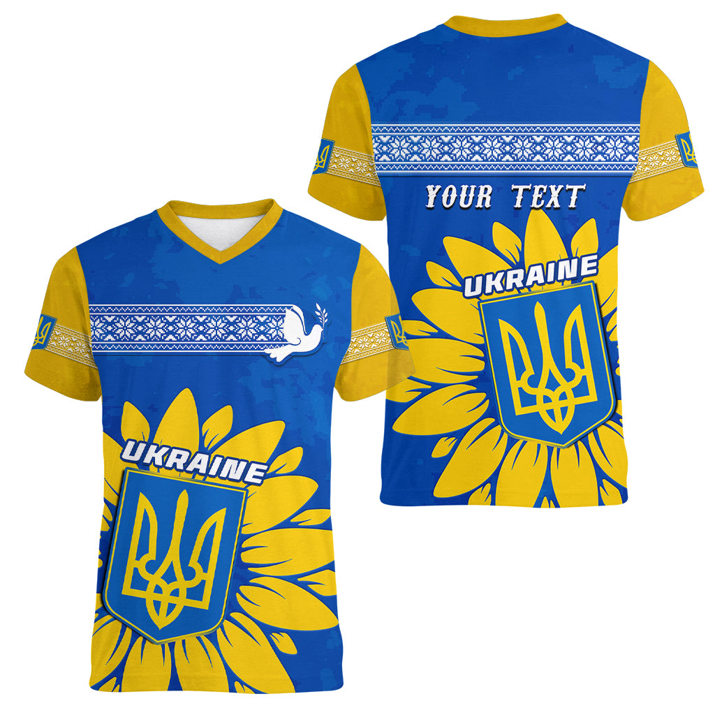 Personalised Ukraine Women V Neck T Shirt Ukrainian Coat Of Arms With Sunflower - Wonder Print Shop