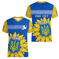 Personalised Ukraine Women V Neck T Shirt Ukrainian Coat Of Arms With Sunflower - Wonder Print Shop