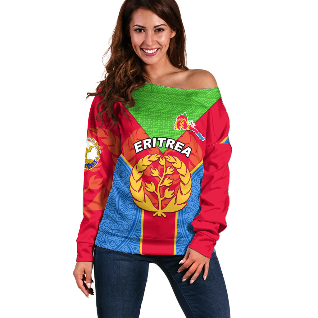 Eritrea Off Shoulder Sweater Eritrean Emblem Flag Mix African Pattern - Wonder Print Shop