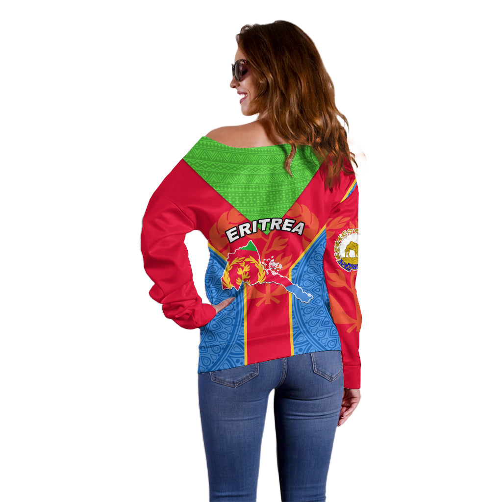 Eritrea Off Shoulder Sweater Eritrean Emblem Flag Mix African Pattern - Wonder Print Shop