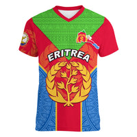 Eritrea Women V Neck T Shirt Eritrean Emblem Flag Mix African Pattern - Wonder Print Shop