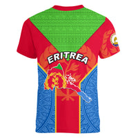 Eritrea Women V Neck T Shirt Eritrean Emblem Flag Mix African Pattern - Wonder Print Shop
