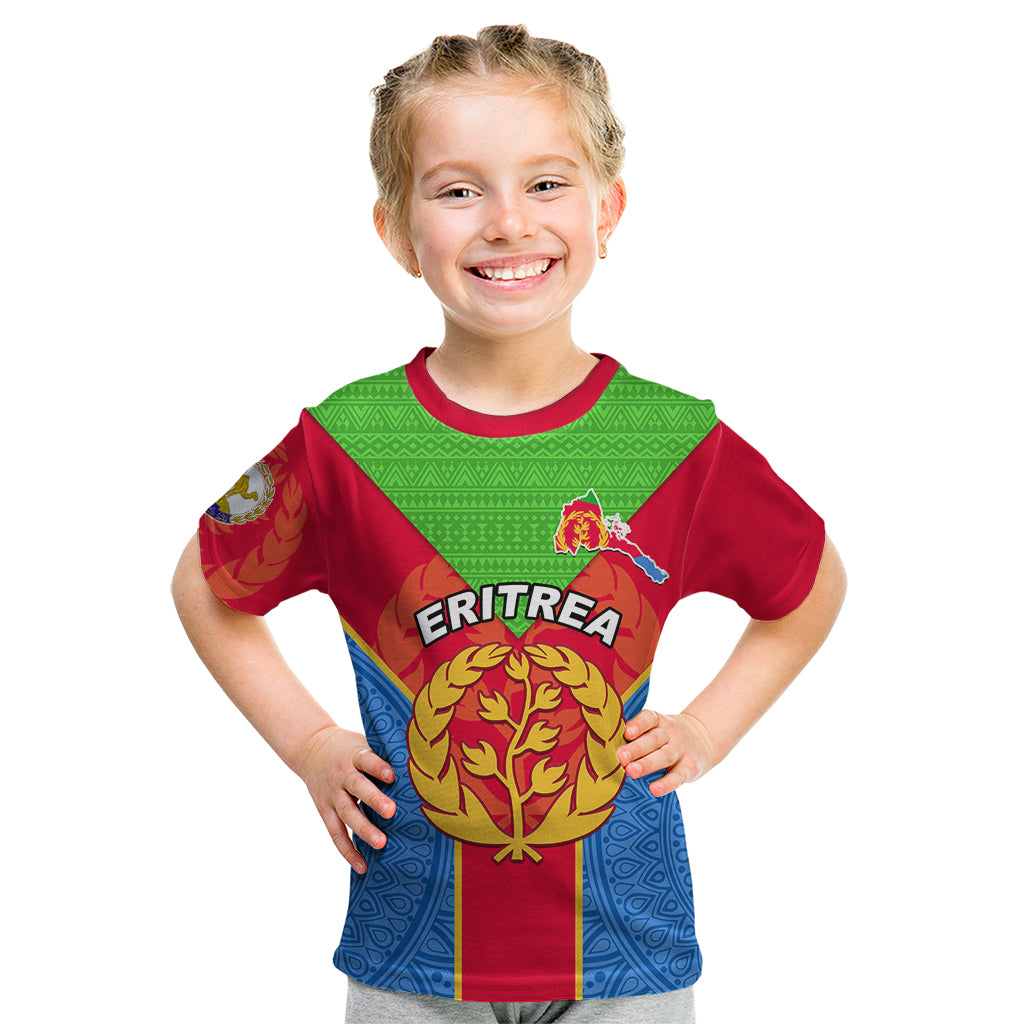 Custom Eritrea Kid T Shirt Eritrean Emblem Flag Mix African Pattern - Wonder Print Shop