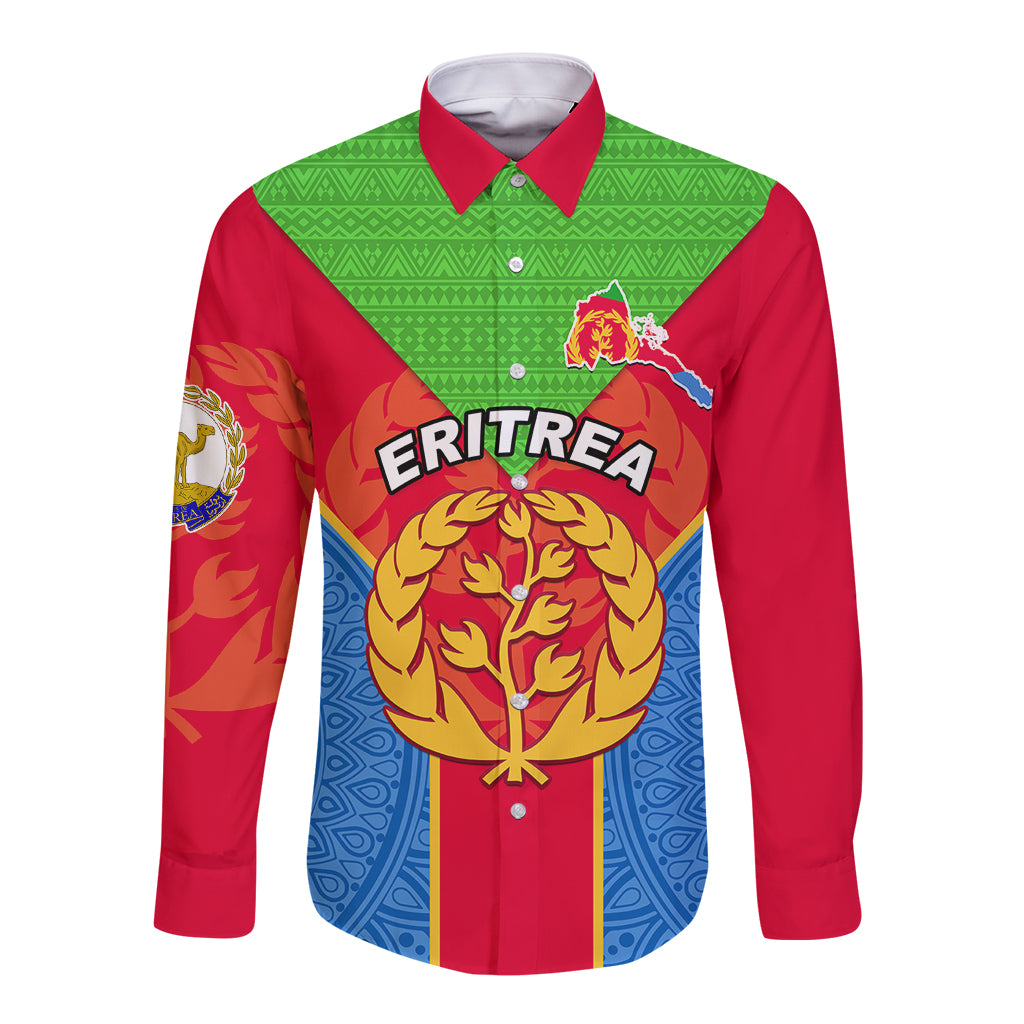 Custom Eritrea Long Sleeve Button Shirt Eritrean Emblem Flag Mix African Pattern - Wonder Print Shop
