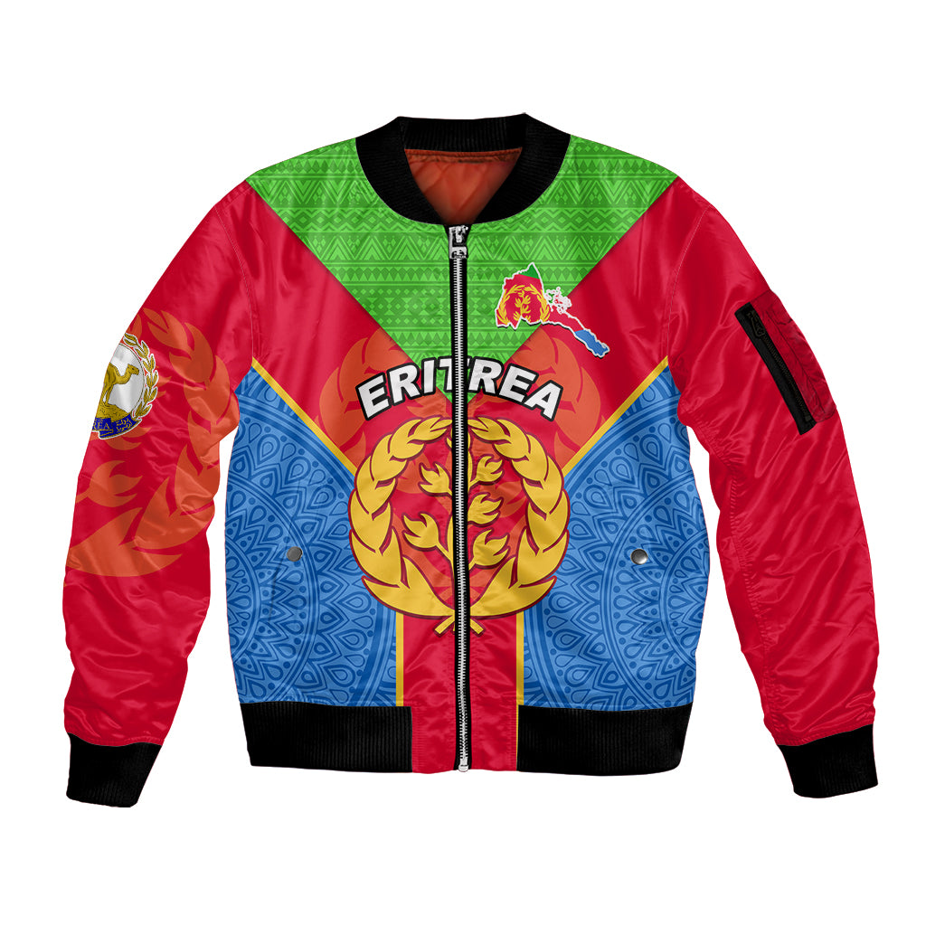 Custom Eritrea Sleeve Zip Bomber Jacket Eritrean Emblem Flag Mix African Pattern - Wonder Print Shop