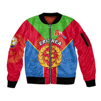 Custom Eritrea Sleeve Zip Bomber Jacket Eritrean Emblem Flag Mix African Pattern - Wonder Print Shop