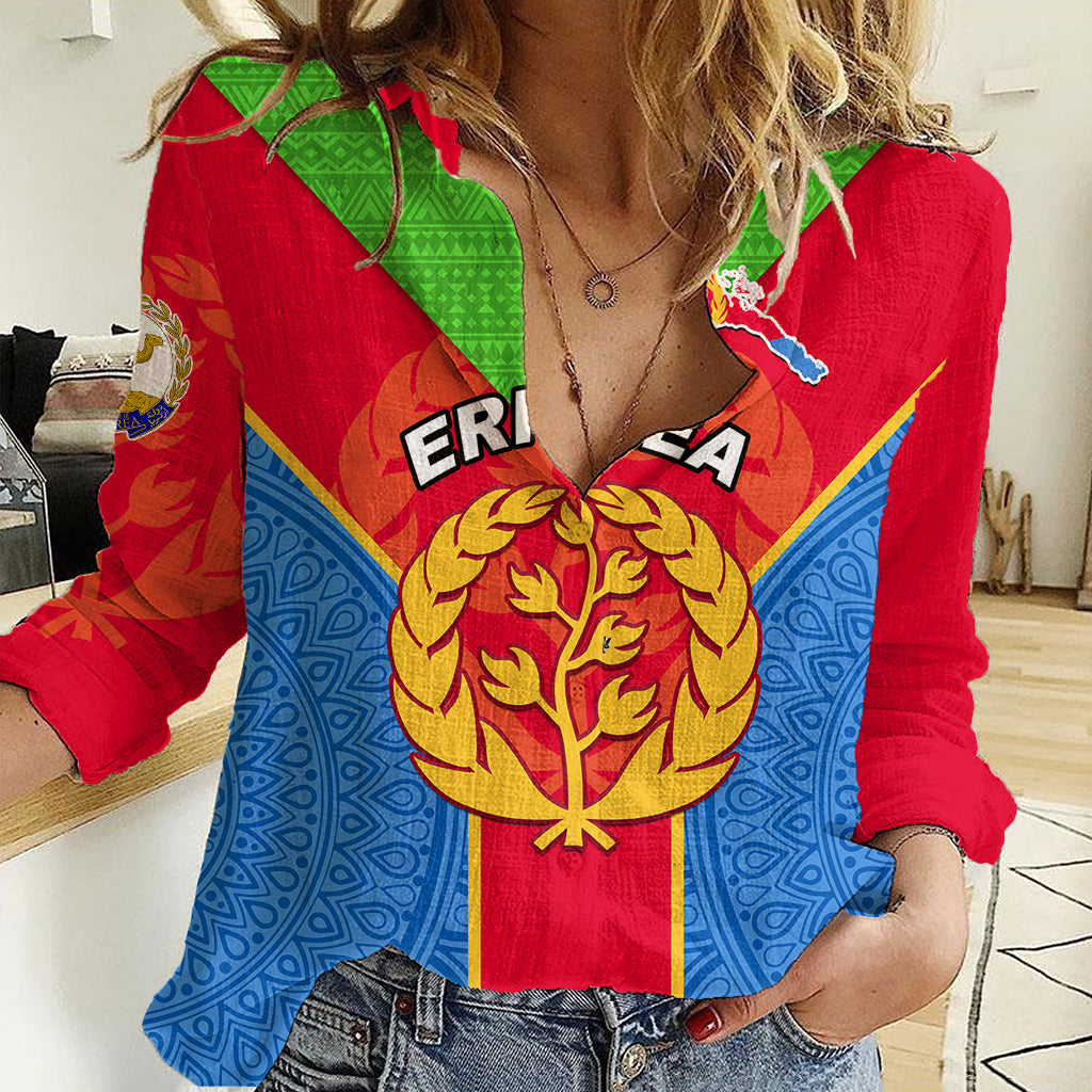 Custom Eritrea Women Casual Shirt Eritrean Emblem Flag Mix African Pattern - Wonder Print Shop