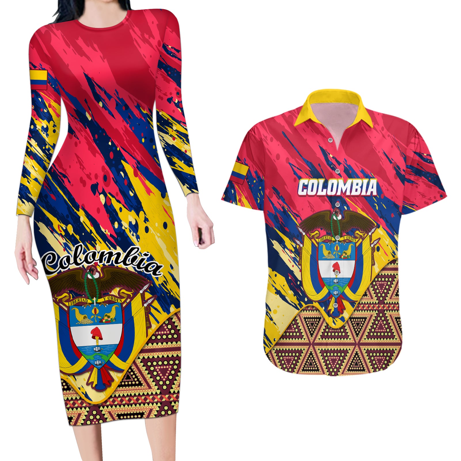 colombia-couples-matching-long-sleeve-bodycon-dress-and-hawaiian-shirt-colombian-tribal-seamless-patterns