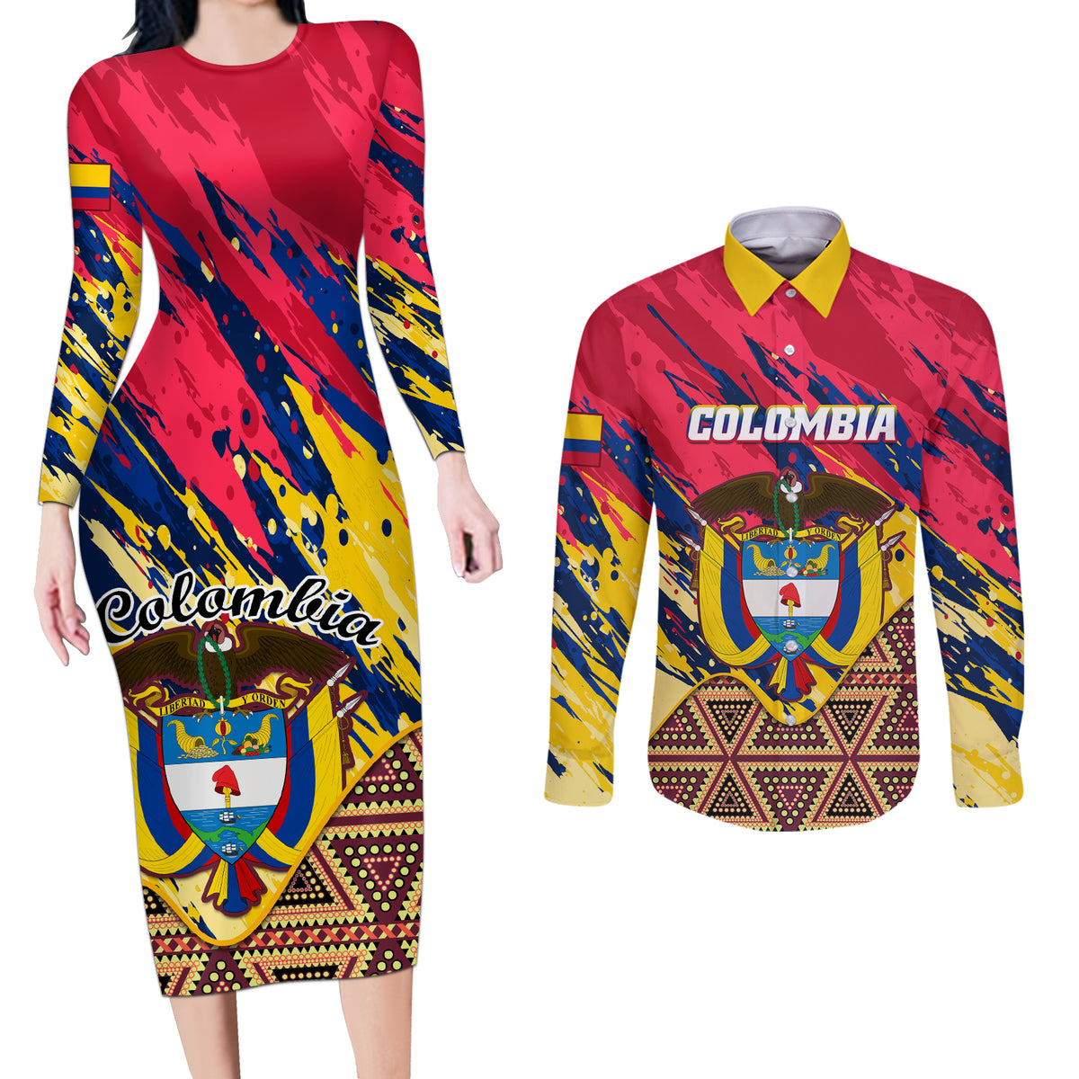 Colombia Couples Matching Long Sleeve Bodycon Dress and Long Sleeve Button Shirts Colombian Tribal Seamless Patterns - Wonder Print Shop