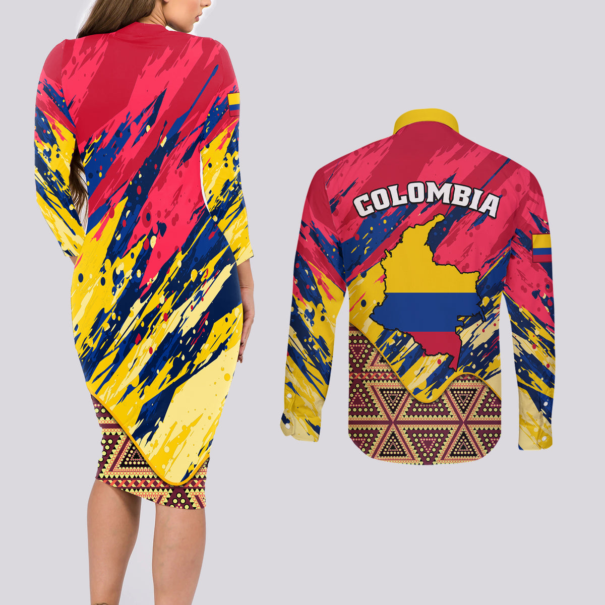 Colombia Couples Matching Long Sleeve Bodycon Dress and Long Sleeve Button Shirts Colombian Tribal Seamless Patterns - Wonder Print Shop
