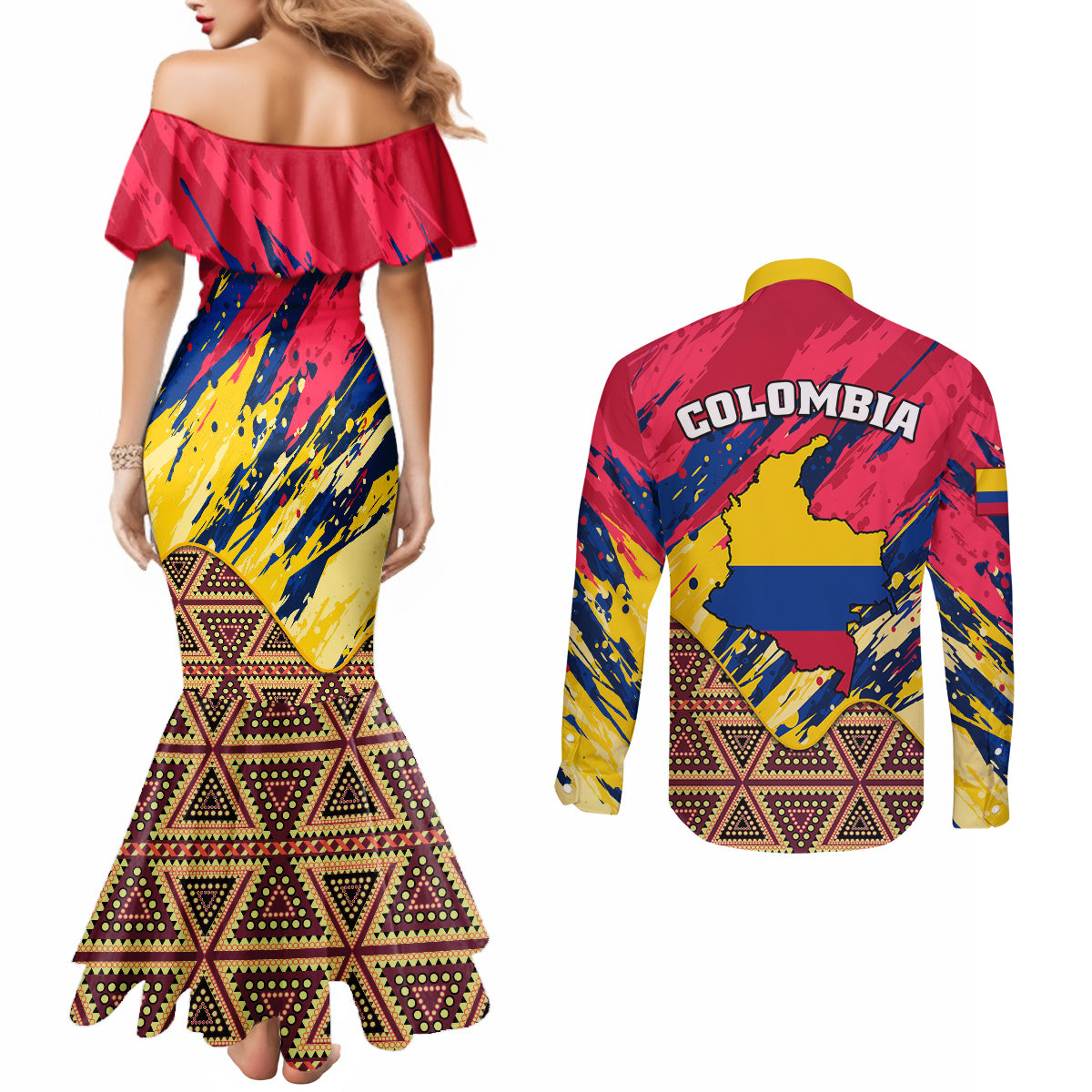 colombia-couples-matching-mermaid-dress-and-long-sleeve-button-shirts-colombian-tribal-seamless-patterns