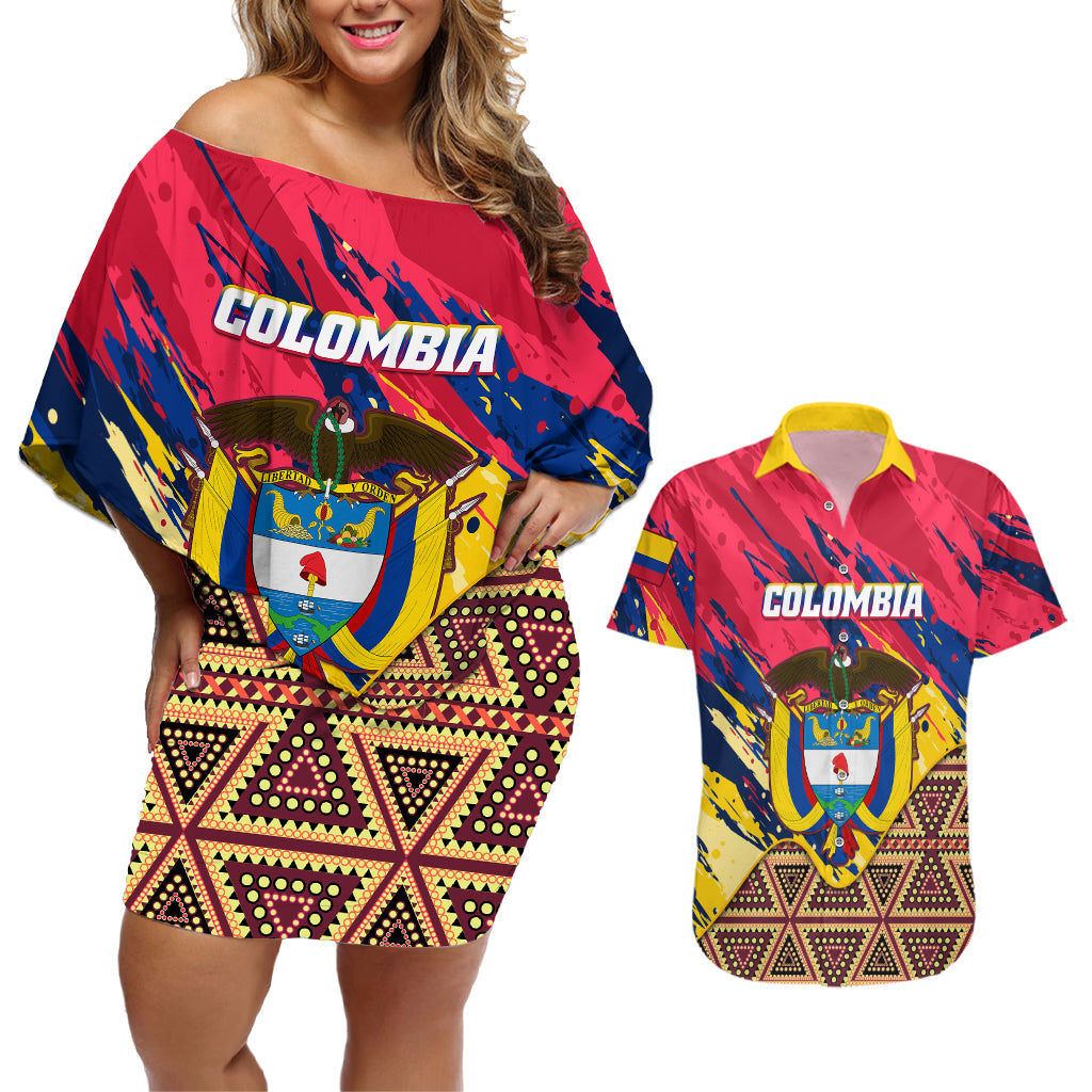 colombia-couples-matching-off-shoulder-short-dress-and-hawaiian-shirt-colombian-tribal-seamless-patterns