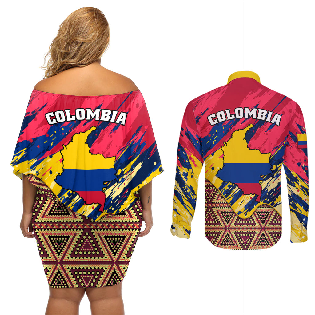 Colombia Couples Matching Off Shoulder Short Dress and Long Sleeve Button Shirts Colombian Tribal Seamless Patterns - Wonder Print Shop
