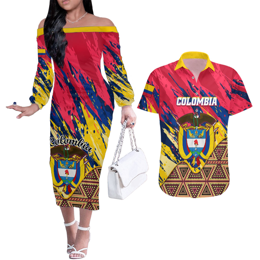 colombia-couples-matching-off-the-shoulder-long-sleeve-dress-and-hawaiian-shirt-colombian-tribal-seamless-patterns