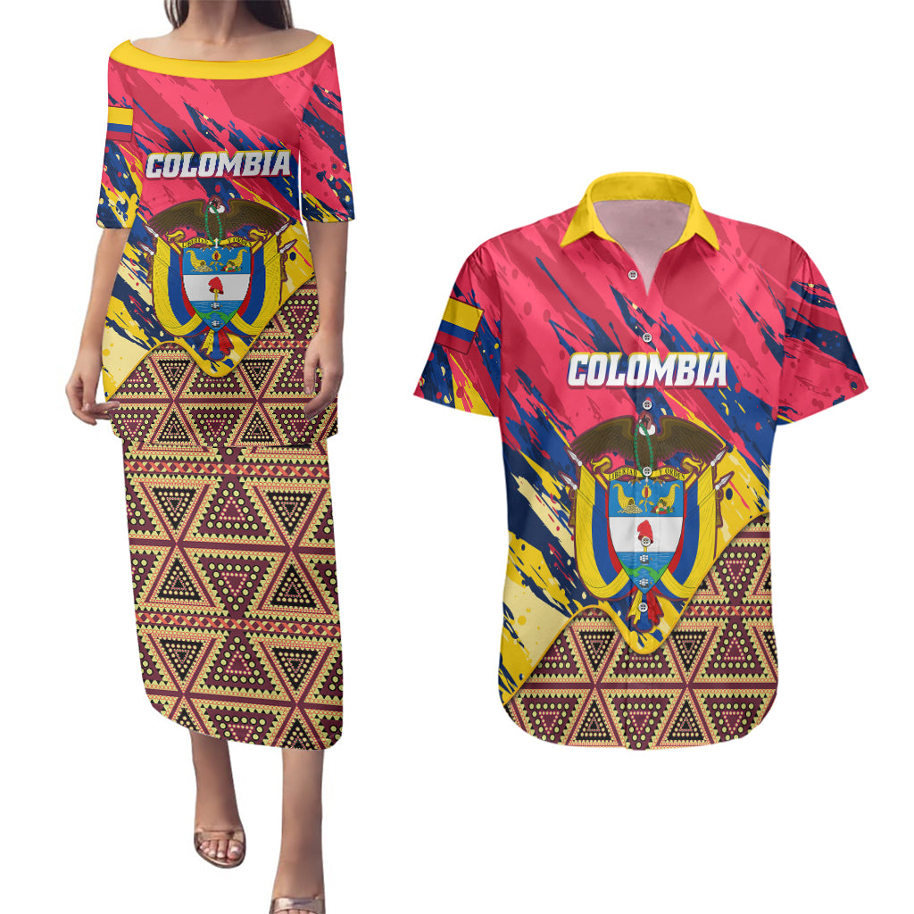 colombia-couples-matching-puletasi-dress-and-hawaiian-shirt-colombian-tribal-seamless-patterns
