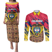 Colombia Couples Matching Puletasi Dress and Long Sleeve Button Shirts Colombian Tribal Seamless Patterns - Wonder Print Shop