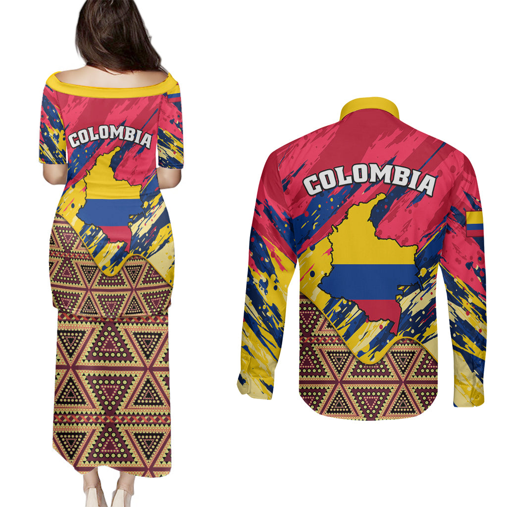 Colombia Couples Matching Puletasi Dress and Long Sleeve Button Shirts Colombian Tribal Seamless Patterns - Wonder Print Shop