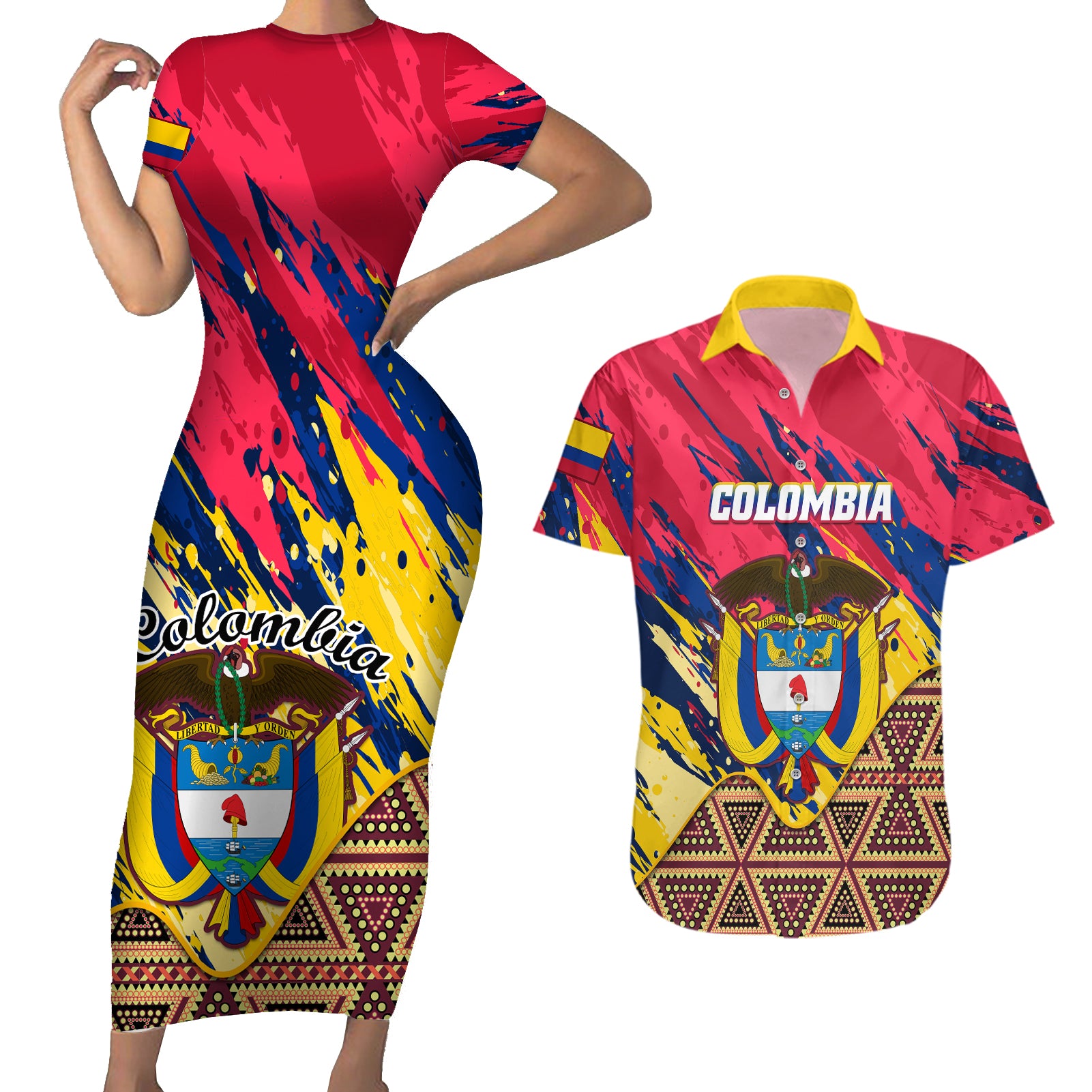 colombia-couples-matching-short-sleeve-bodycon-dress-and-hawaiian-shirt-colombian-tribal-seamless-patterns