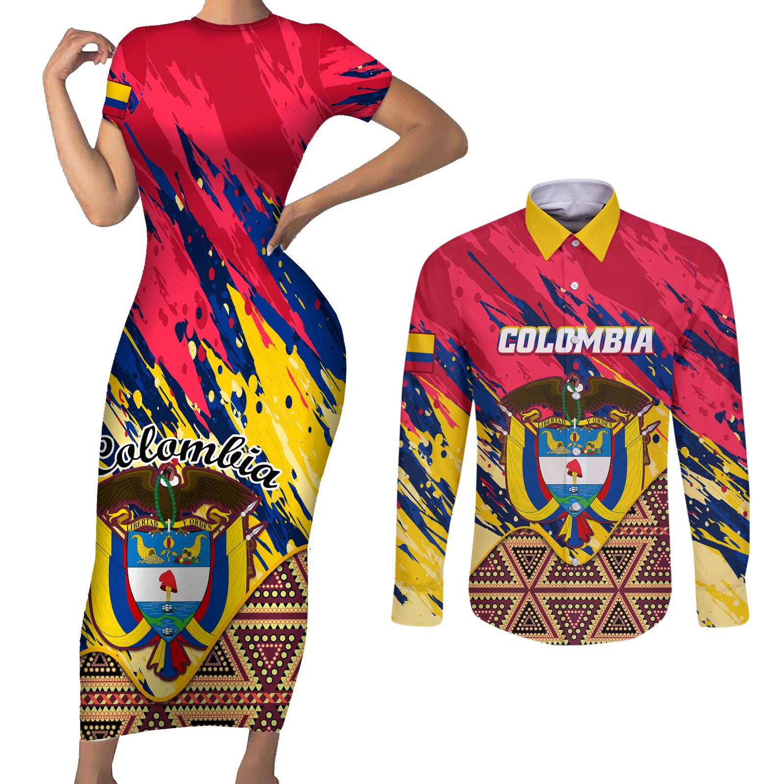 Colombia Couples Matching Short Sleeve Bodycon Dress and Long Sleeve Button Shirts Colombian Tribal Seamless Patterns - Wonder Print Shop