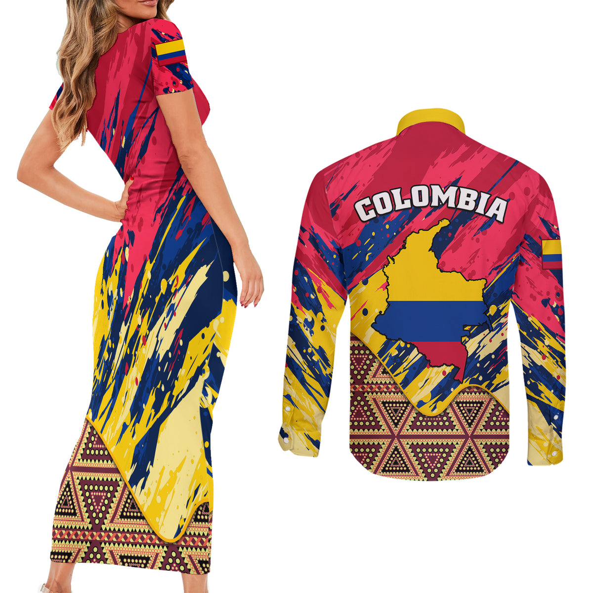 Colombia Couples Matching Short Sleeve Bodycon Dress and Long Sleeve Button Shirts Colombian Tribal Seamless Patterns - Wonder Print Shop