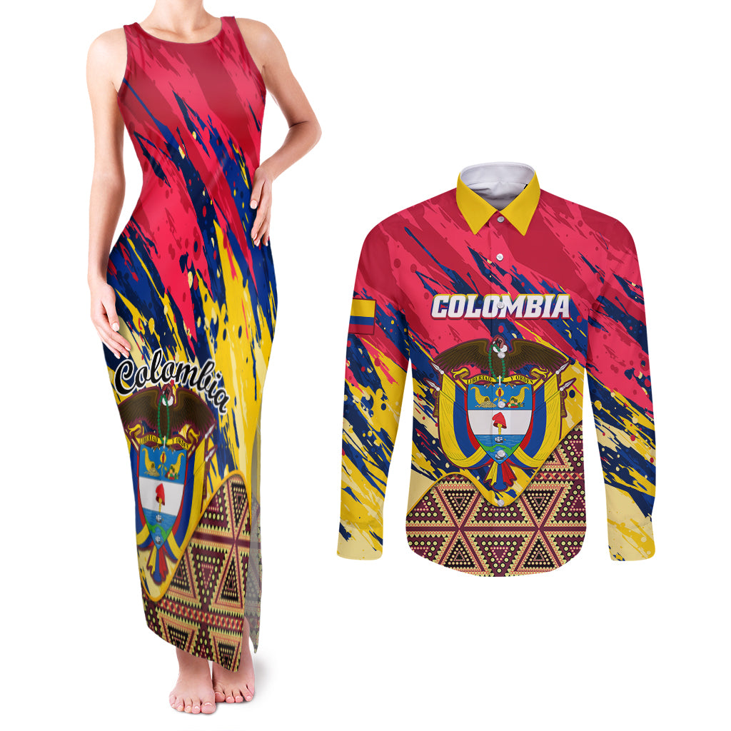Colombia Couples Matching Tank Maxi Dress and Long Sleeve Button Shirts Colombian Tribal Seamless Patterns - Wonder Print Shop