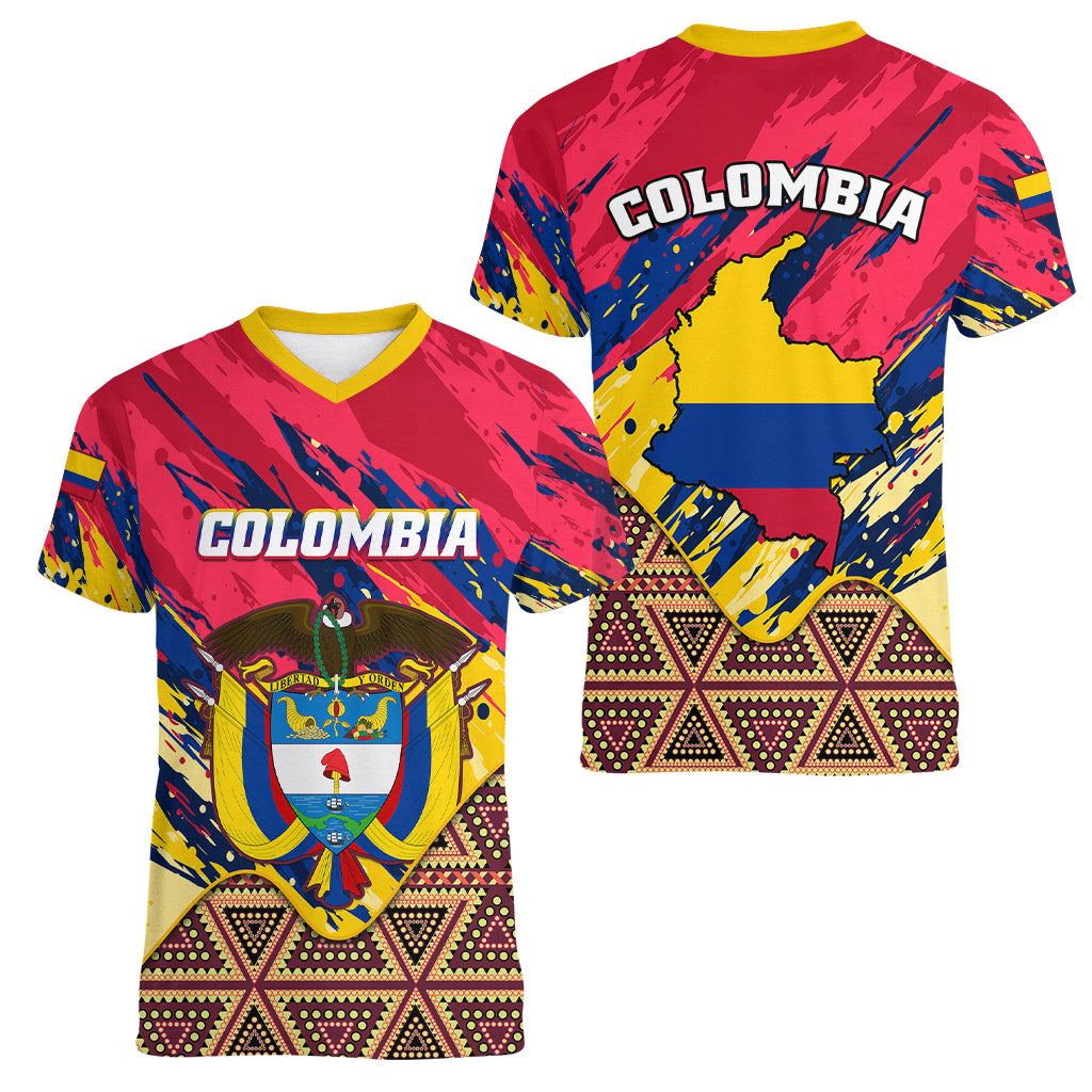 Colombia Women V Neck T Shirt Colombian Tribal Seamless Patterns - Wonder Print Shop