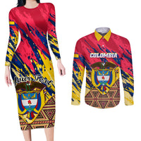 Personalised Colombia Couples Matching Long Sleeve Bodycon Dress and Long Sleeve Button Shirts Colombian Tribal Seamless Patterns - Wonder Print Shop