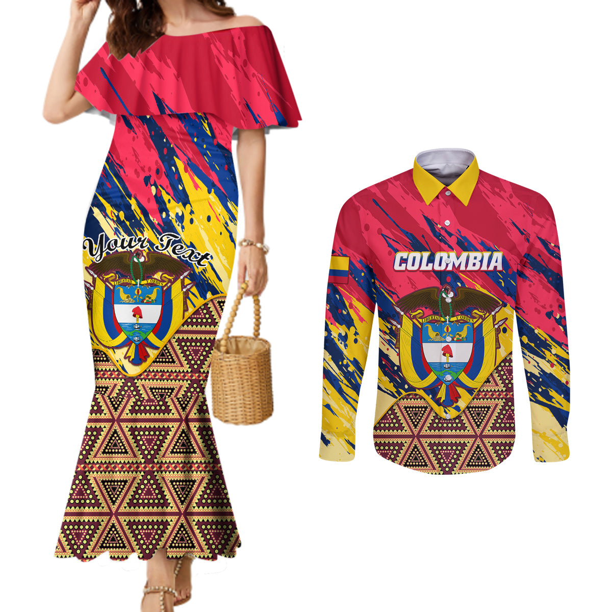personalised-colombia-couples-matching-mermaid-dress-and-long-sleeve-button-shirts-colombian-tribal-seamless-patterns