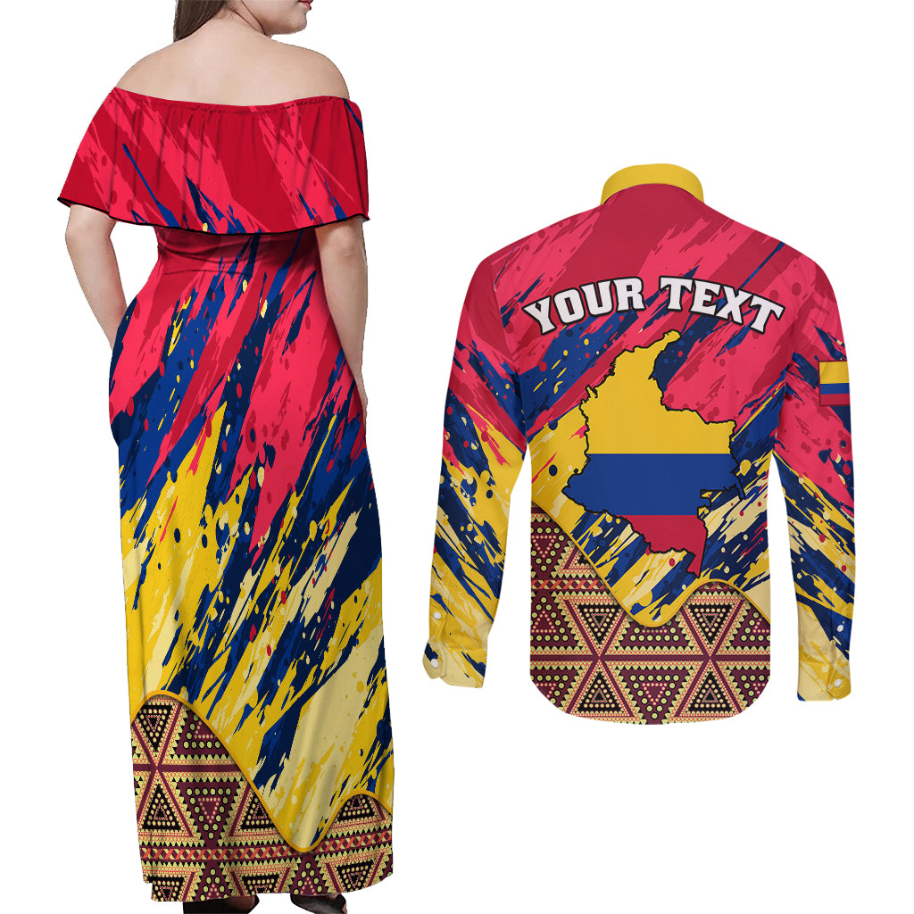 Personalised Colombia Couples Matching Off Shoulder Maxi Dress and Long Sleeve Button Shirts Colombian Tribal Seamless Patterns - Wonder Print Shop