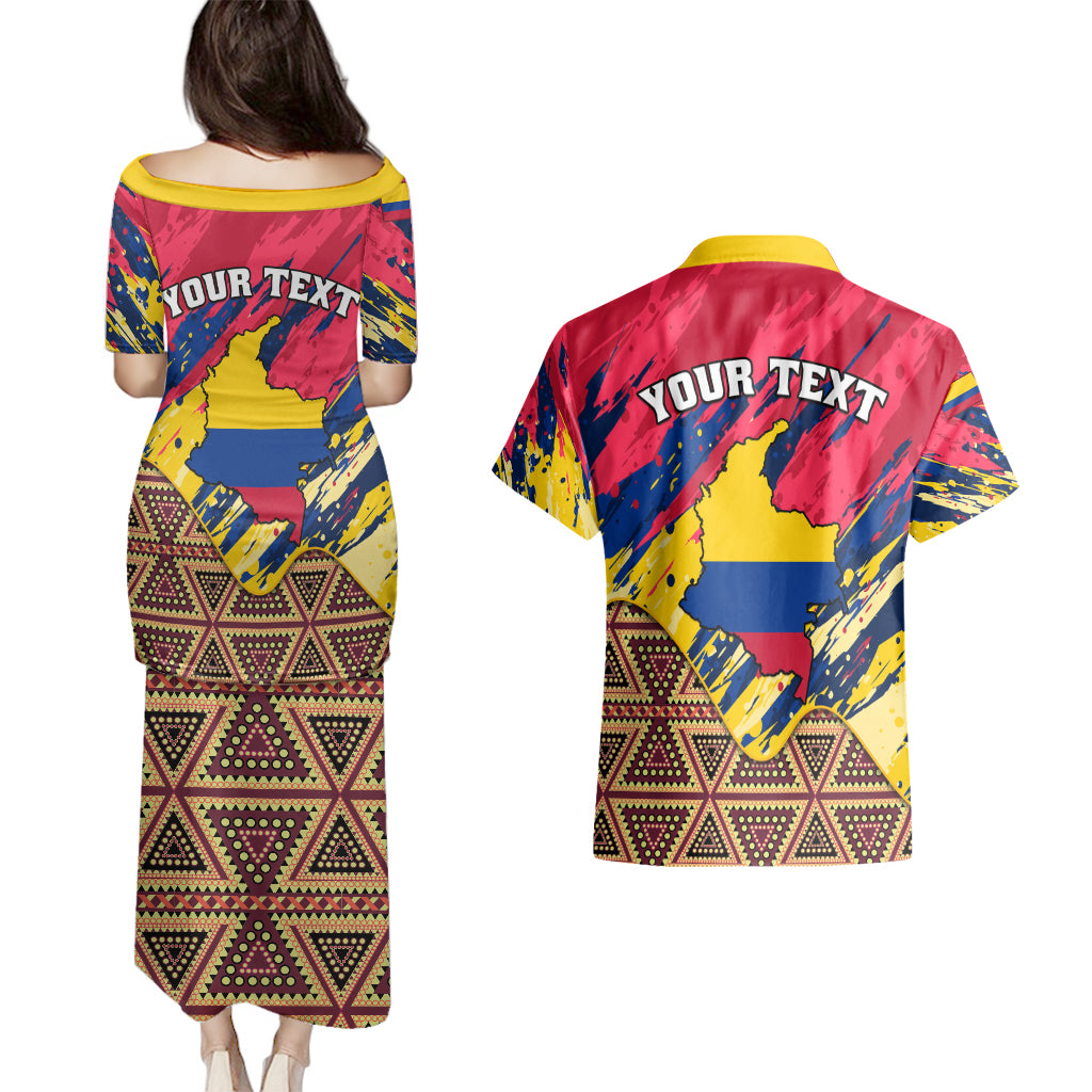Personalised Colombia Couples Matching Puletasi Dress and Hawaiian Shirt Colombian Tribal Seamless Patterns - Wonder Print Shop
