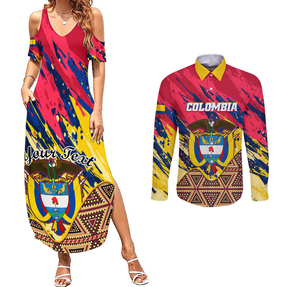 Personalised Colombia Couples Matching Summer Maxi Dress and Long Sleeve Button Shirts Colombian Tribal Seamless Patterns - Wonder Print Shop