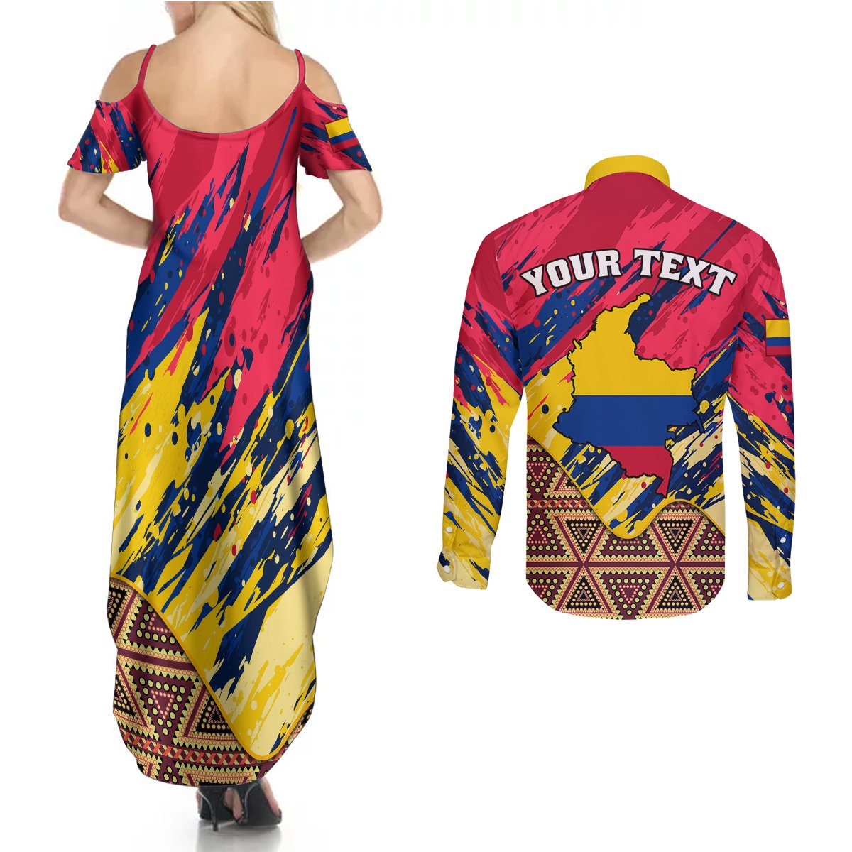Personalised Colombia Couples Matching Summer Maxi Dress and Long Sleeve Button Shirts Colombian Tribal Seamless Patterns - Wonder Print Shop